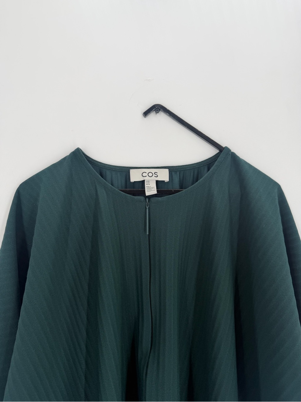 Cos Dark Green Pleated Plisse Half Zip Short Sleeve Relaxed Fit Top Blouse